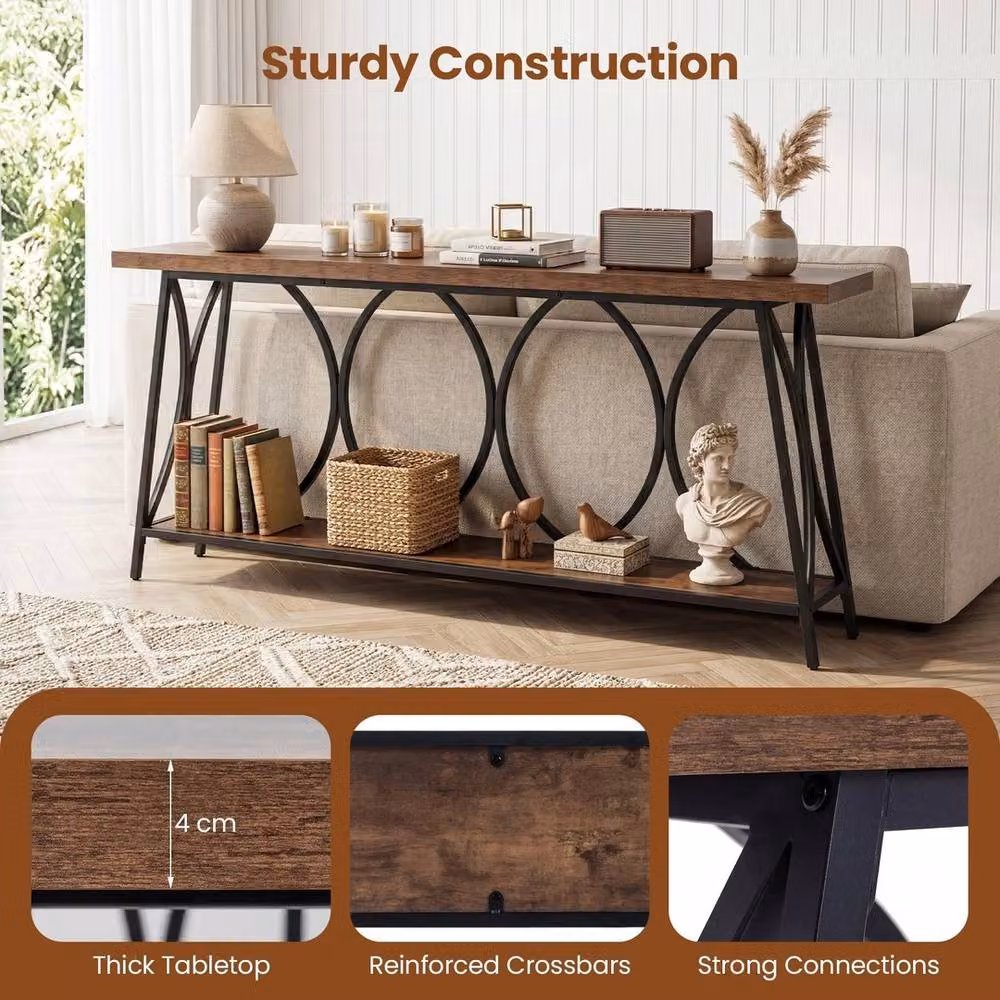 VOGREX Industrial 2-Tier Wood Sofa Table in Brown, W: 180 cm, D: 29.5 cm, H: 80 cm – 4
