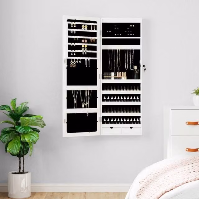 Berkfield Home White Glossy Wall Mounted Mirror Jewellery Cabinet with LED Lights – 1