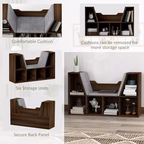 HOMCOM Six-Cube Bookcase Storage Shelf with Cushioned Reading Seat, Brown, W/D/H: 102 x 30 x 61 cm – 5