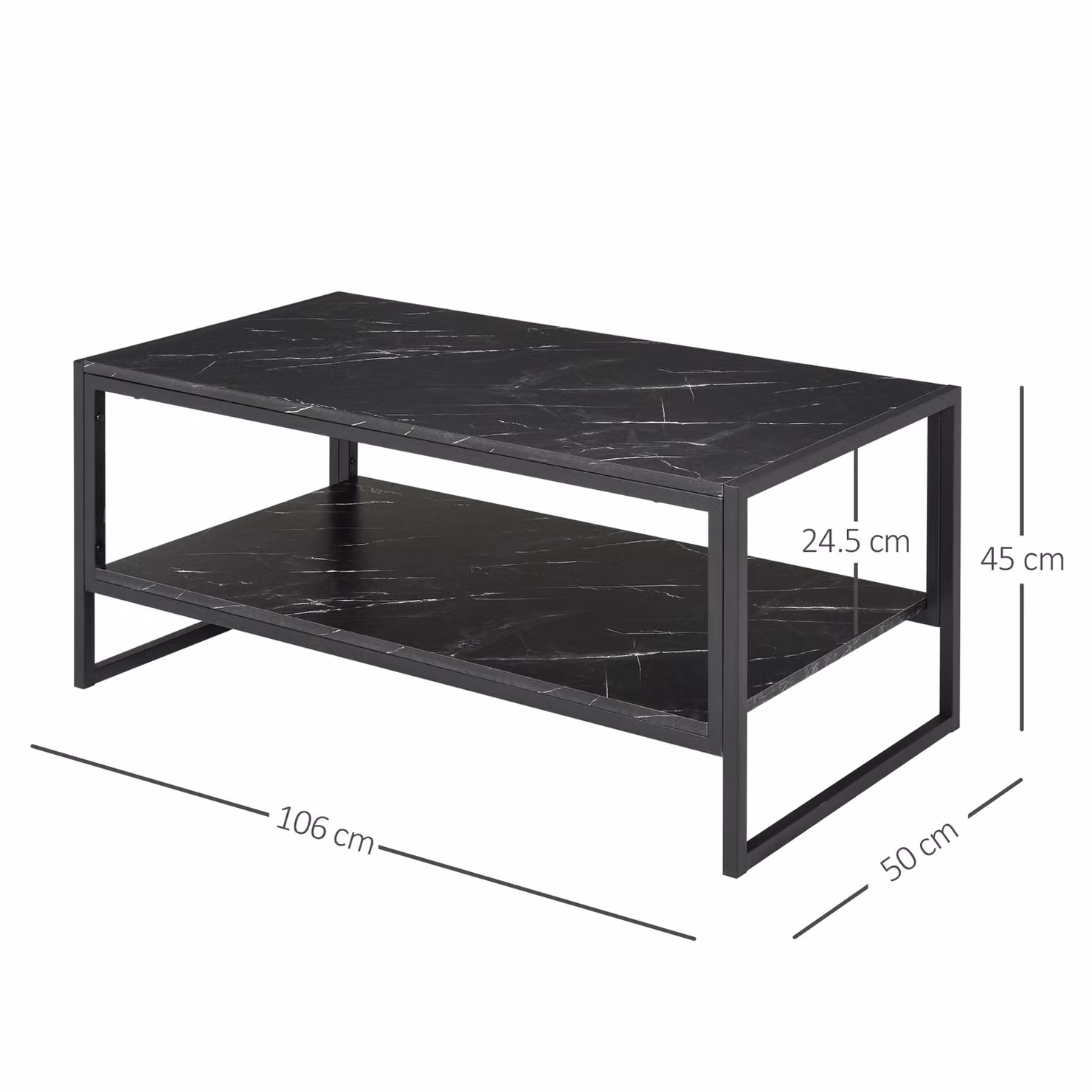 HOMCOM Elegant Two-Tier Coffee Table with Black Marble Print Laminate Top and Metal Frame – 3
