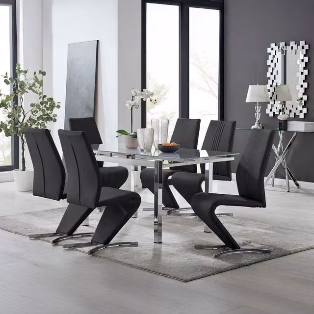 FurnitureboxUK Enna White Glass Extending Rectangular Dining Table and 6 Willow Chairs in Black