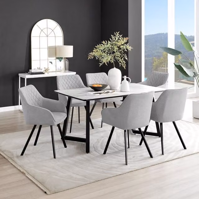 FurnitureboxUK Carson White Marble Effect Dining Table and 6 Falun Black Leg Chairs in Light Grey