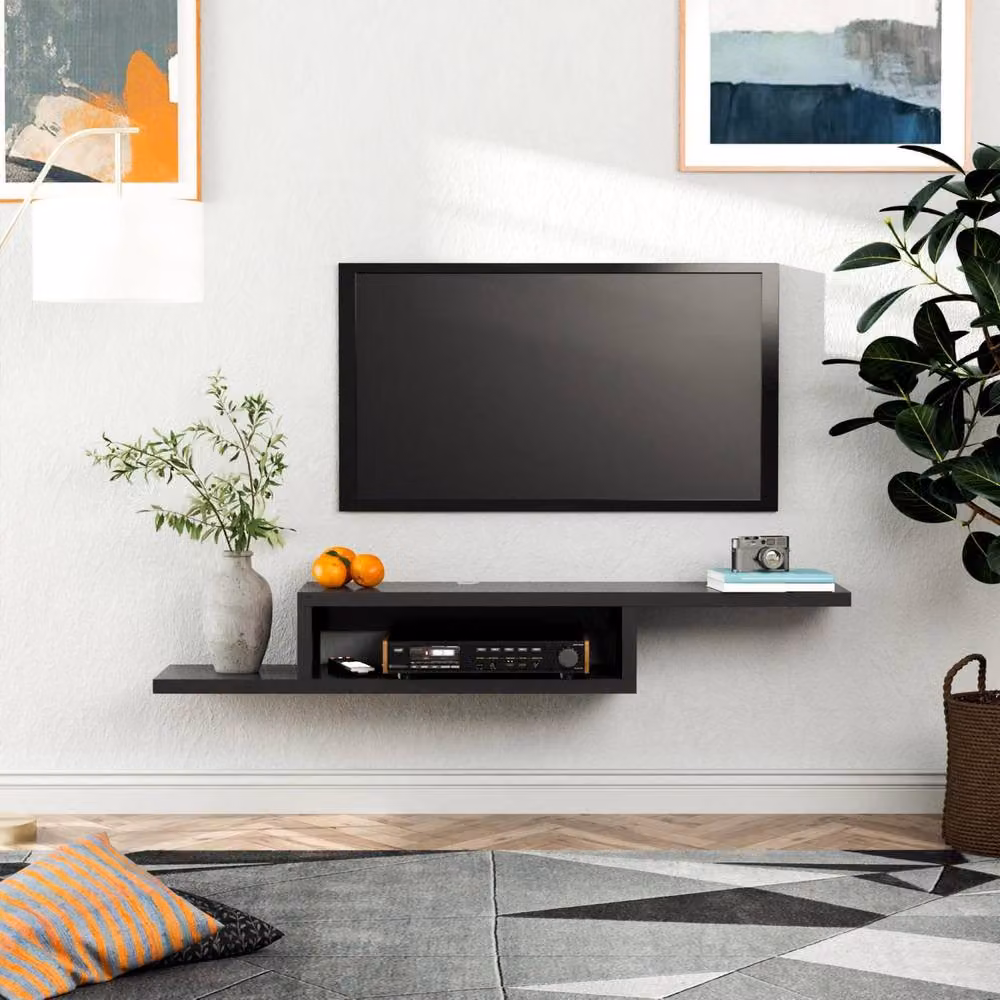 Wyld Haus Mika Mael Black Wall Mounted Floating TV Unit with Open Shelving, W: 152.4 cm, H: 29.8 cm, D: 21.0 cm – 3