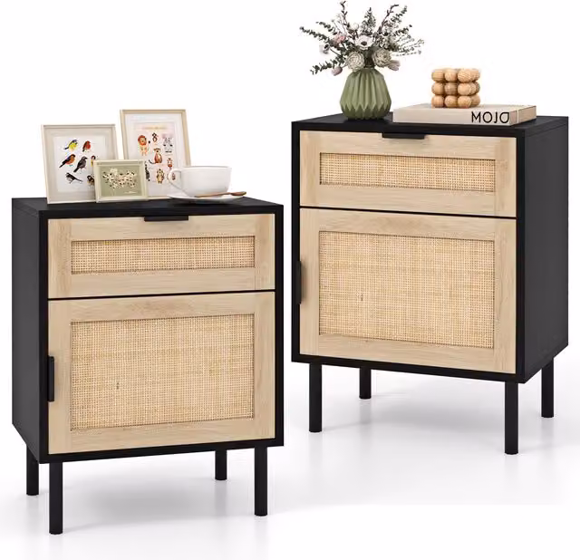 Costway Set of 2 Black Rattan and Wood Mid-Century Nightstands