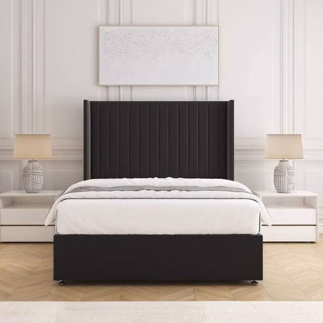 BSSPOKE Manhattan Super King Divan Bed with 54 inch Headboard and Mattress in Black Plush Velvet