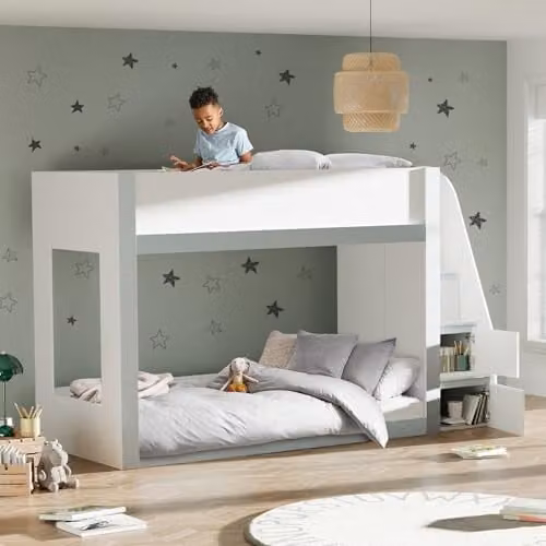 Julian Bowen Gaia Modern Solid Wood Two-Level Bunk Bed with Stairs and Side Compartments, White and Silver, H 145.5 x W 95.5 x D 129 cm – 1