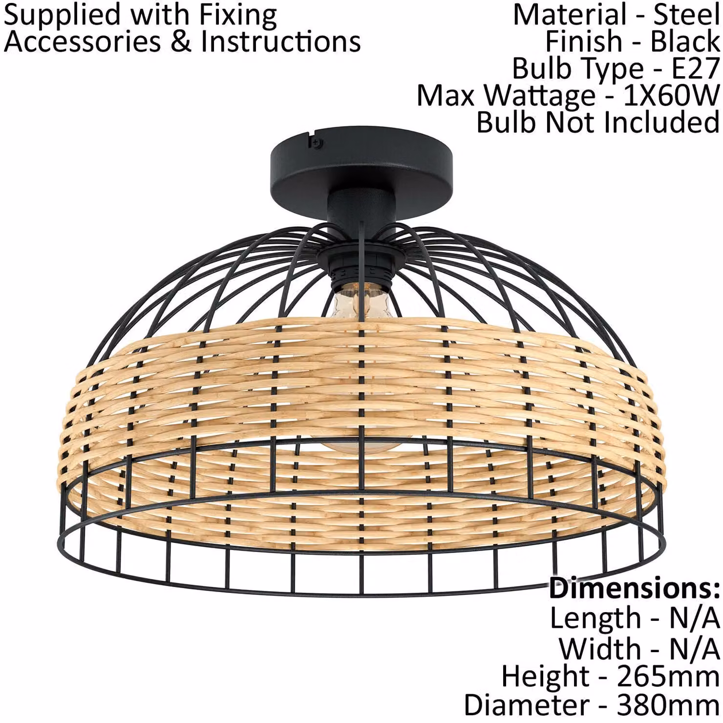 Loops Low Ceiling Light and 2x Matching Wall Lights in Black and Wicker Wood Cage Shade – 2