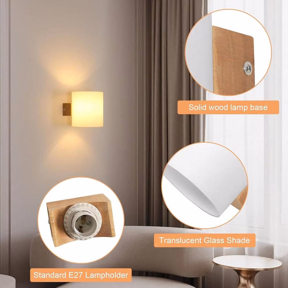 COMELY Vintage Wood and Glass Indoor Wall Lights with E27 Base in White and Brown – 5