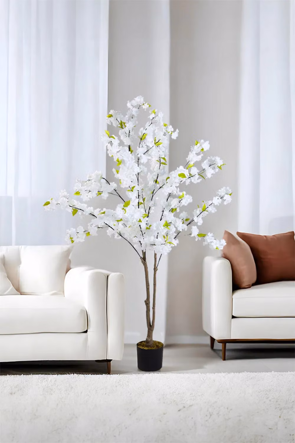 Living and Home 165cm Artificial White and Pink Cherry Blossom Tree with Green Leaves – 2