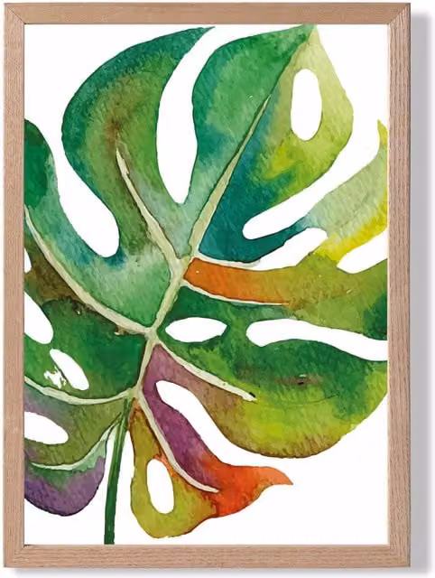 ARTZE Monstera Leaf Abstract Watercolour Botanical Framed Print in Green with Oak Frame, A3