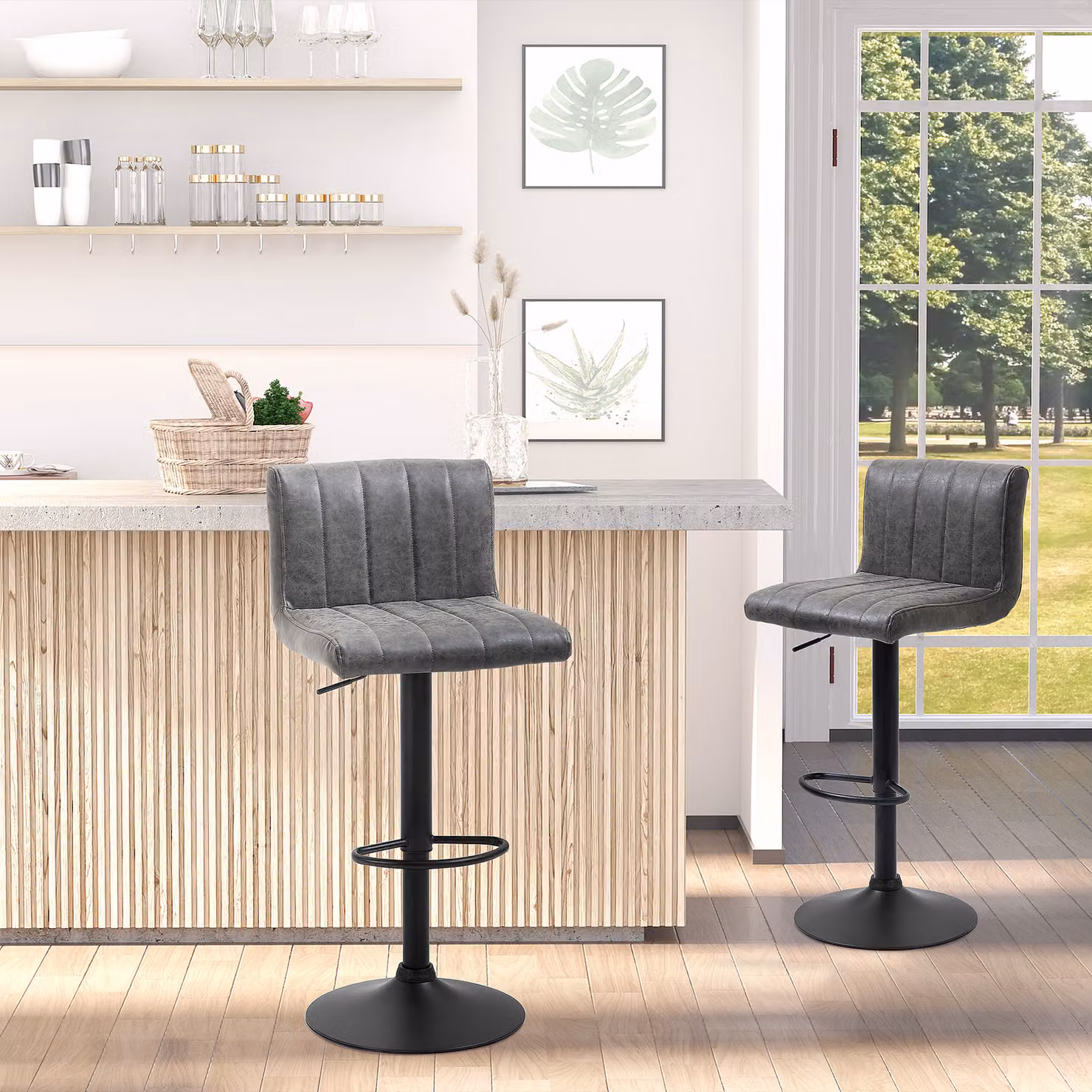 HOMCOM Set of 2 Grey PU Leather Adjustable Height Bar Stools with Footrest and 360 Degree Swivel – 4