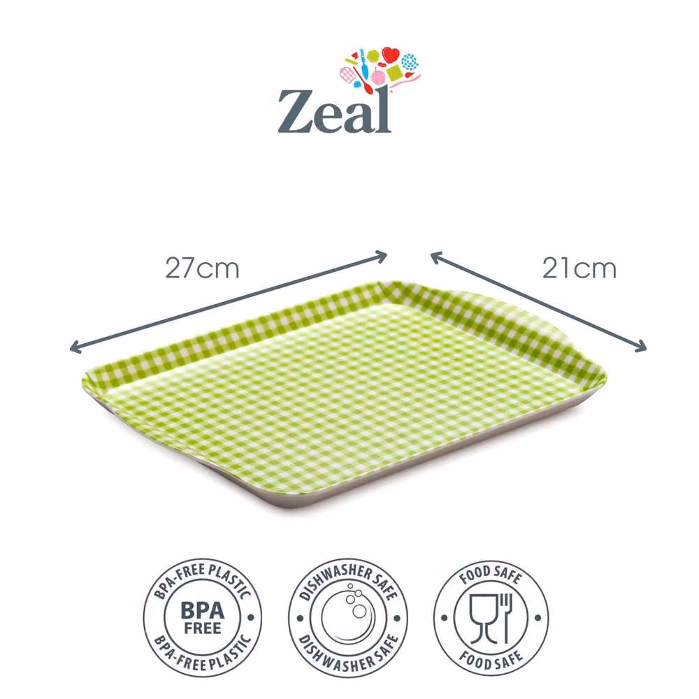 Zeal Melamine Rectangular Gingham Serving Tray with Handles, Green, W: 27 cm, D: 21 cm – 1