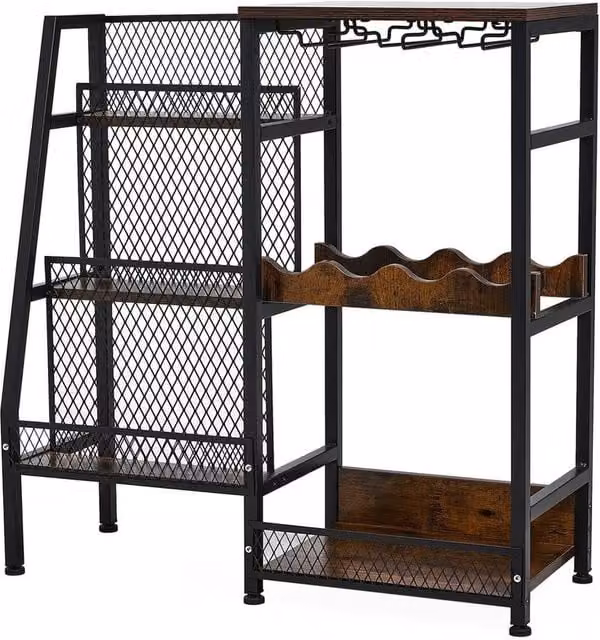 VOGREX Industrial Ladder Wine Cabinet and Bar Stand with Glass Holder and Metal and Glass Storage Shelves in Black and Multicolour – 1