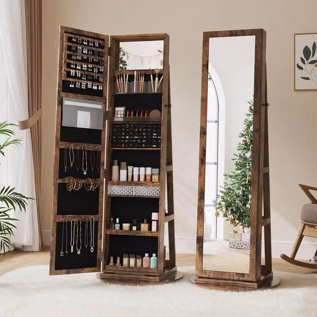 PAWNORA Rustic Brown Wood Jewelry Storage Cabinet with Mirror and Internal Shelves and Drawers