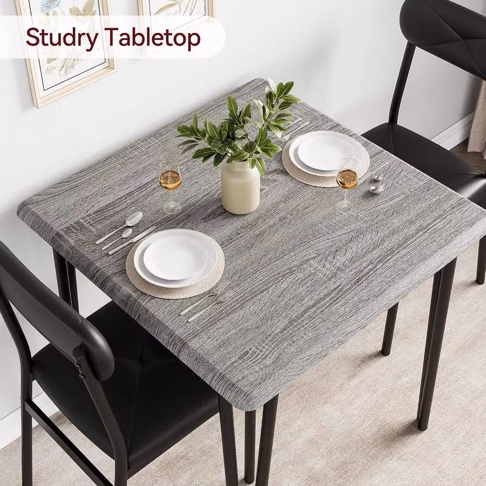 London Boutique 3 Piece Dining Set with Square Kitchen Table and 2 Grey Upholstered Chairs – 4