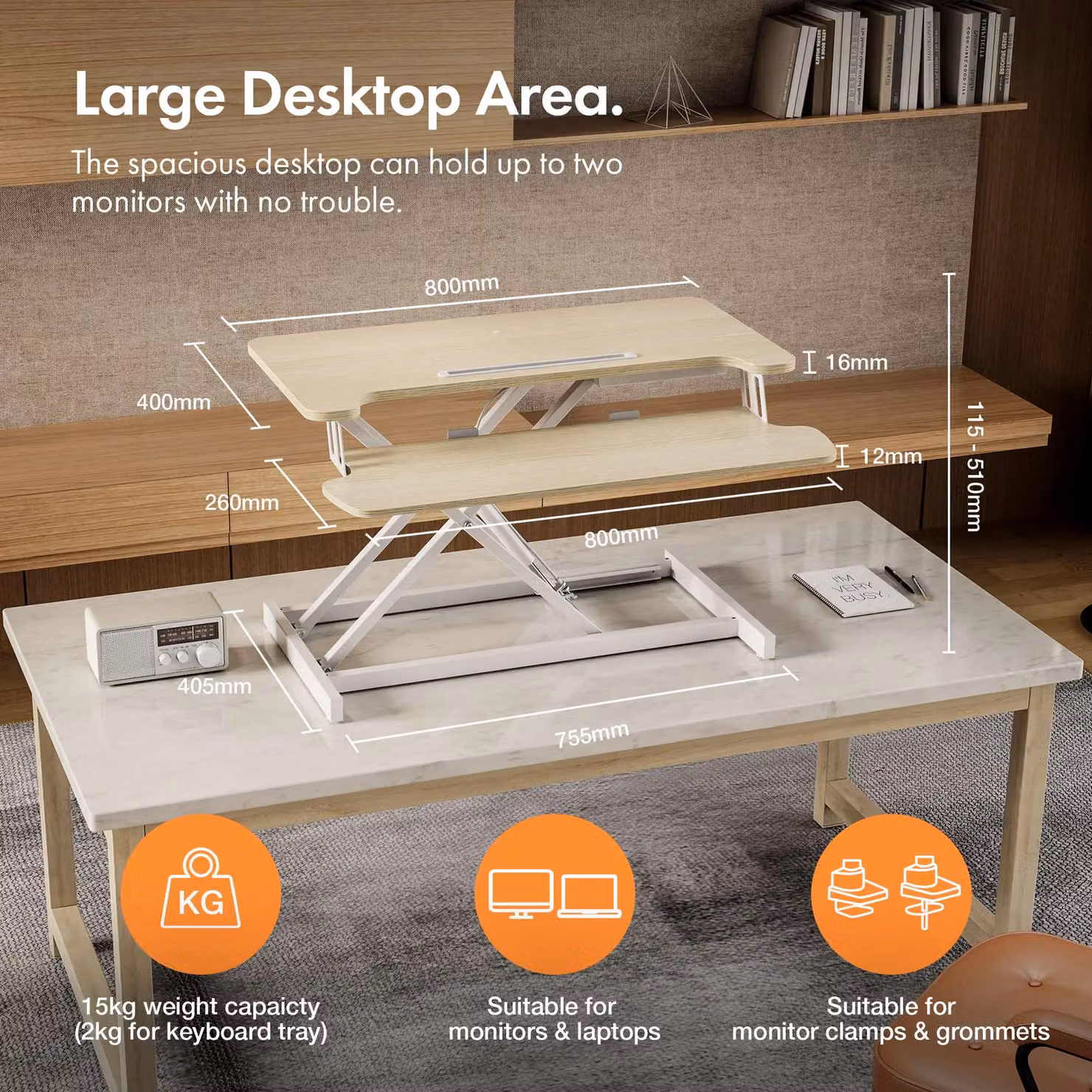 VonHaus Height Adjustable Standing Desk Converter with Keyboard Shelf in Light Brown – 2