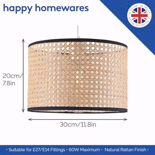 Happy Homewares Vintage Natural Wicker Rattan Drum Shaped Pendant Lamp Shade in Brown, Black and Beige, W/D/H: 20 x 20 x 30 cm – 2