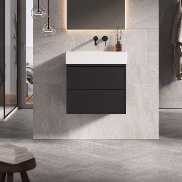 Banyetti Venti 600mm Wall Hung Vanity Unit with Veneto No Tap Hole Basin, Matt Black – 1