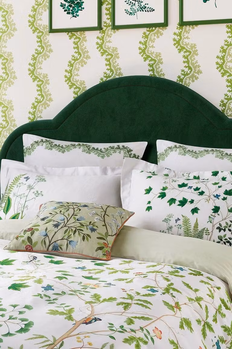 Sanderson Sycamore & Oak Pair of Cotton Percale Square Pillowcases in White and Green