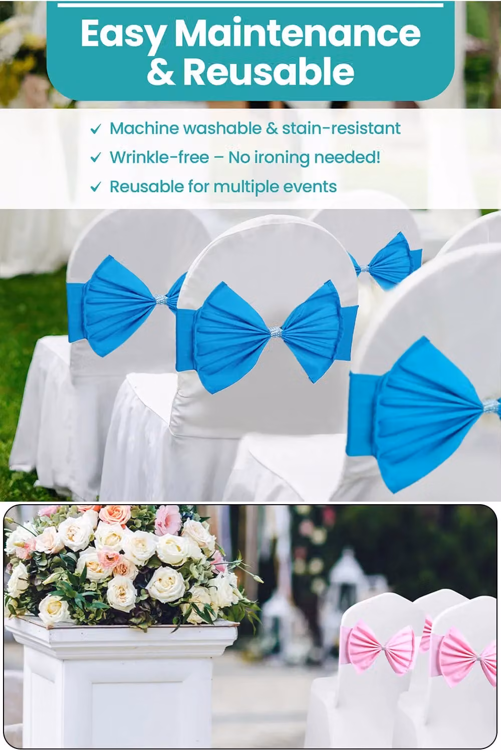 Neel Blue Pack of 10 Turquoise Stretchy Chair Sash Bands with Slider Buckles for Events and Receptions – 2