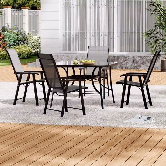 Livingandhome Modern Bistro Set with Black Tempered Glass Table and 4 Black Metal Folding Chairs