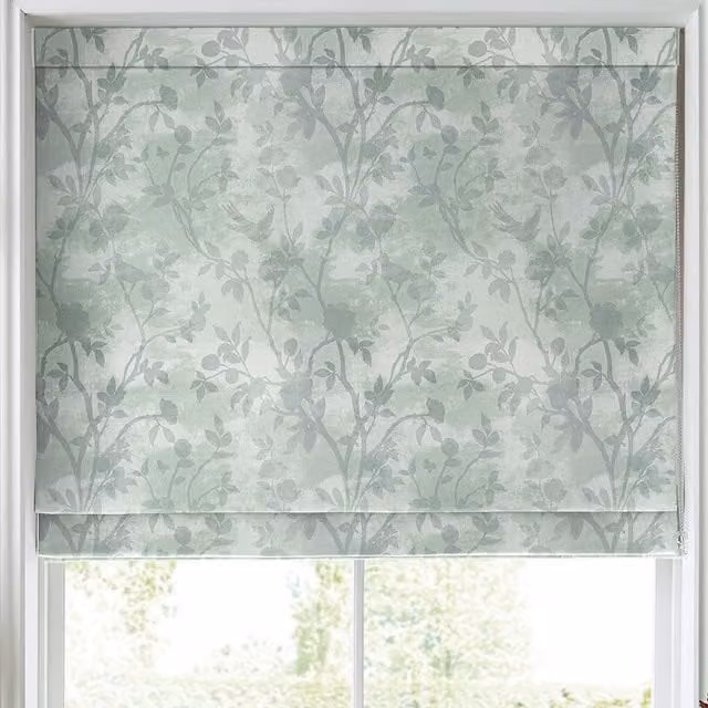 Laura Ashley Eglantine Silhouette Woven Made to Measure Blackout Roman Blind in Smoke Green Floral Pattern