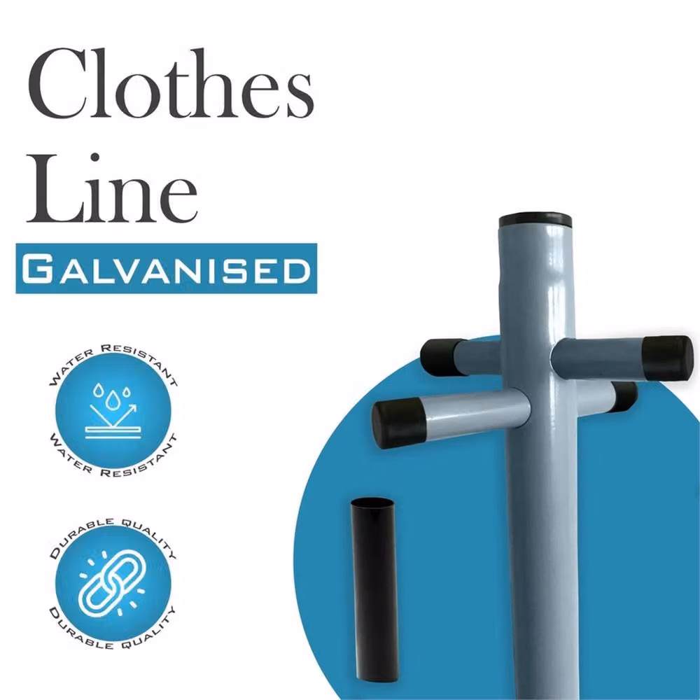 VOGREX Heavy Duty Galvanised Steel Washing Line Post with Socket, Silver, Height: 240 cm – 3
