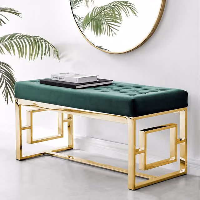 FurnitureboxUK Cambridge Modern Green Velvet and Gold Metal Bench Seat Chair