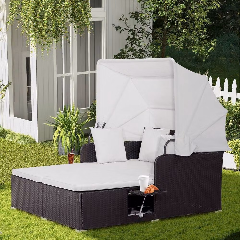 Costway Hand-Woven PE Wicker Daybed Patio Loveseat Sofa Set with Retractable Canopy in White – 3