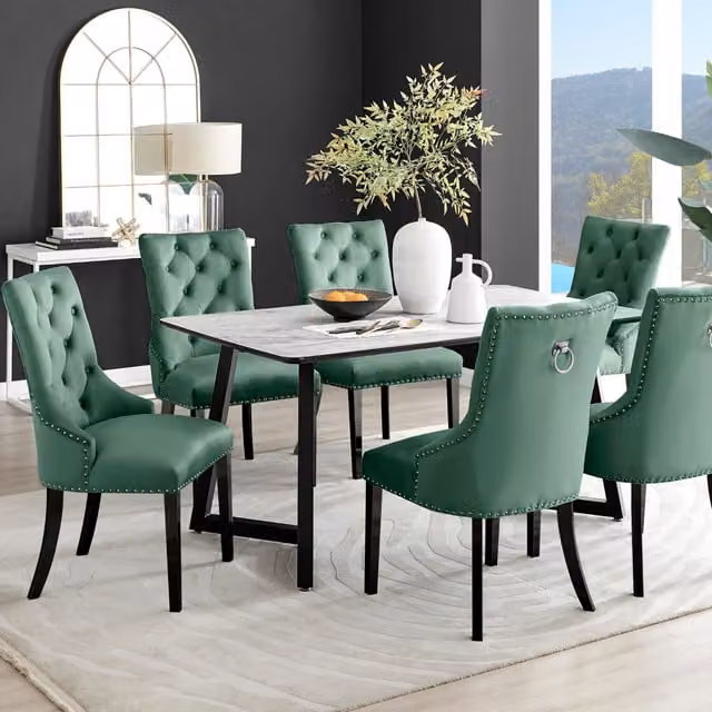 FurnitureboxUK Carson White Marble Effect Dining Table and 6 Belgravia Green Velvet Chairs with Black Legs