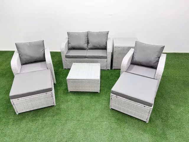 Fimous 6 Seater Grey PE Wicker Rattan Garden Furniture Set with Adjustable Reclining Chairs, Square Coffee Table and 2 Matching Ottomans