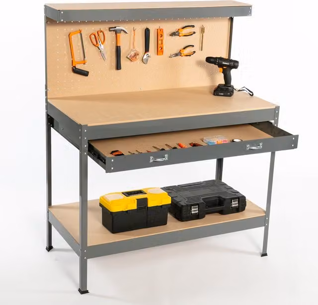 SwitZer Steel Garage Workbench with Drawers, Pegboard and Shelf, Grey – 1