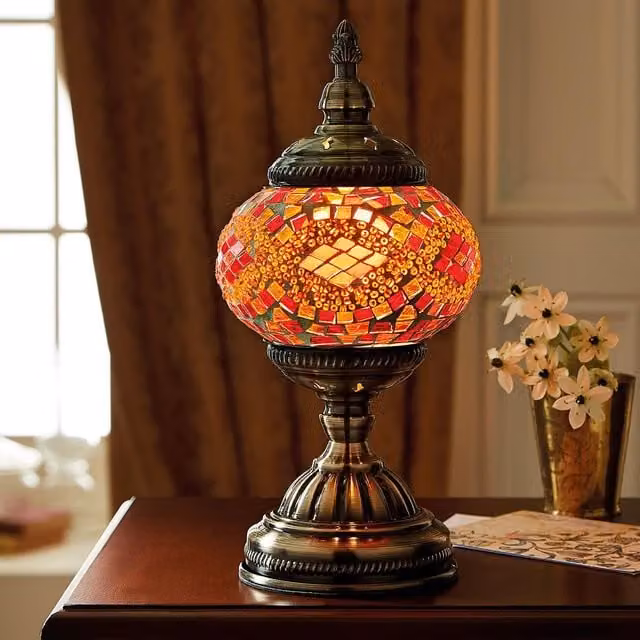 mysmartbuy Marrakech Moroccan Style Mosaic Glass Table Lamp, Multicolour and Bronze, H 27 cm x W 13.5 cm