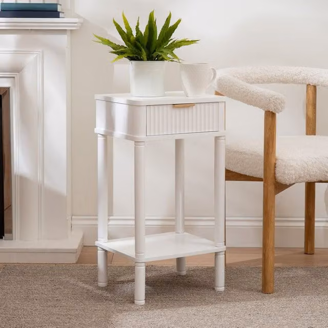 Scottish Everlastings Ltd White Modern Side Table with Ribbed Drawer, W/D/H: 30.0 x 35.5 x 66.0 cm