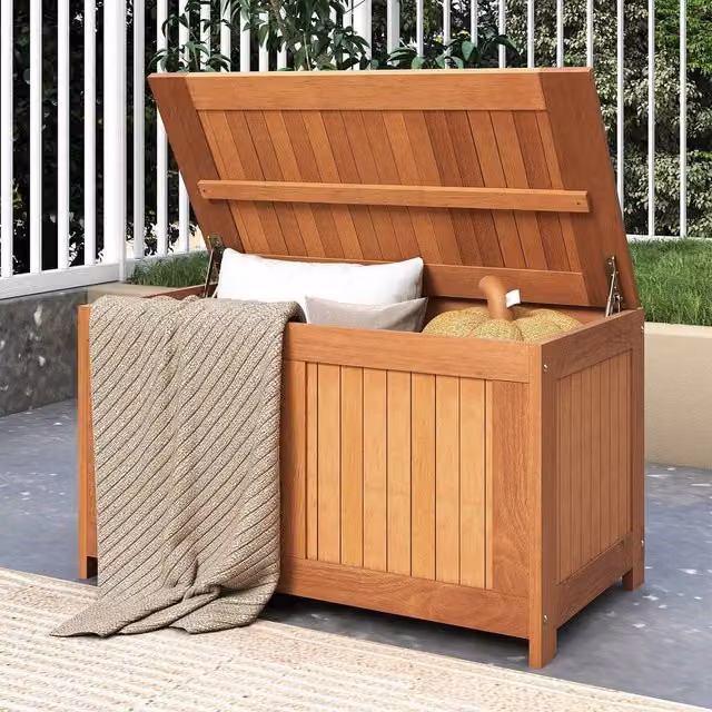 Gymax 190 L Brown Teak Wood Patio Storage Bench Flip Top Deck Box Outdoor Container Chest