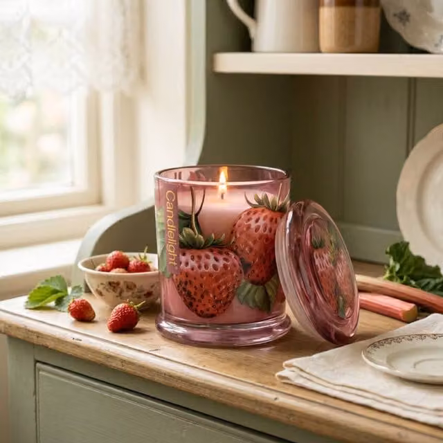 Madison & Mayfair Large Wild Strawberry & Rhubarb Lidded Jar Candle in Pink – 1