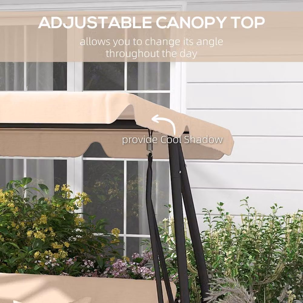 OUTSUNNY 2-in-1 Garden Swing Chair for 3 Adults with Sun Canopy and Cushions, Brown and Beige – 4