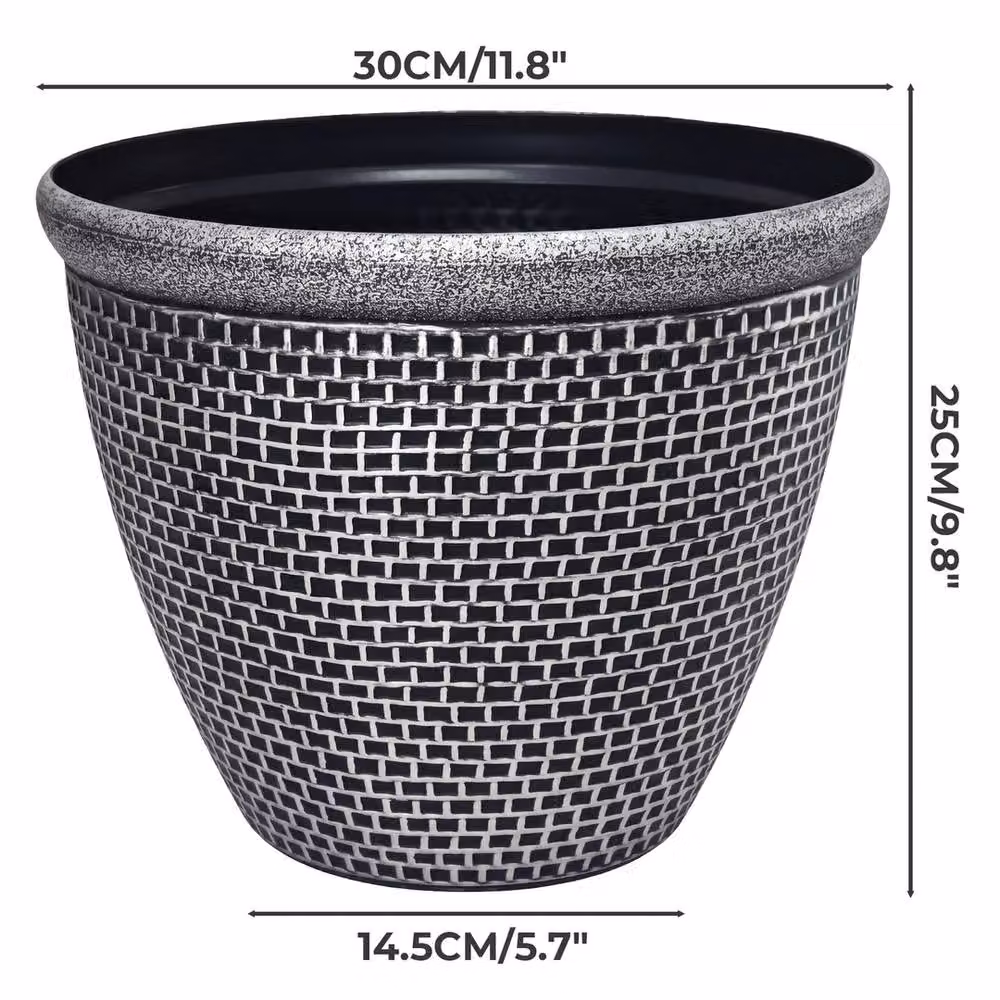 VOGREX Silver and Black Round Plastic Plant Pots with Drainage Holes, Diameter: 30 cm – 2