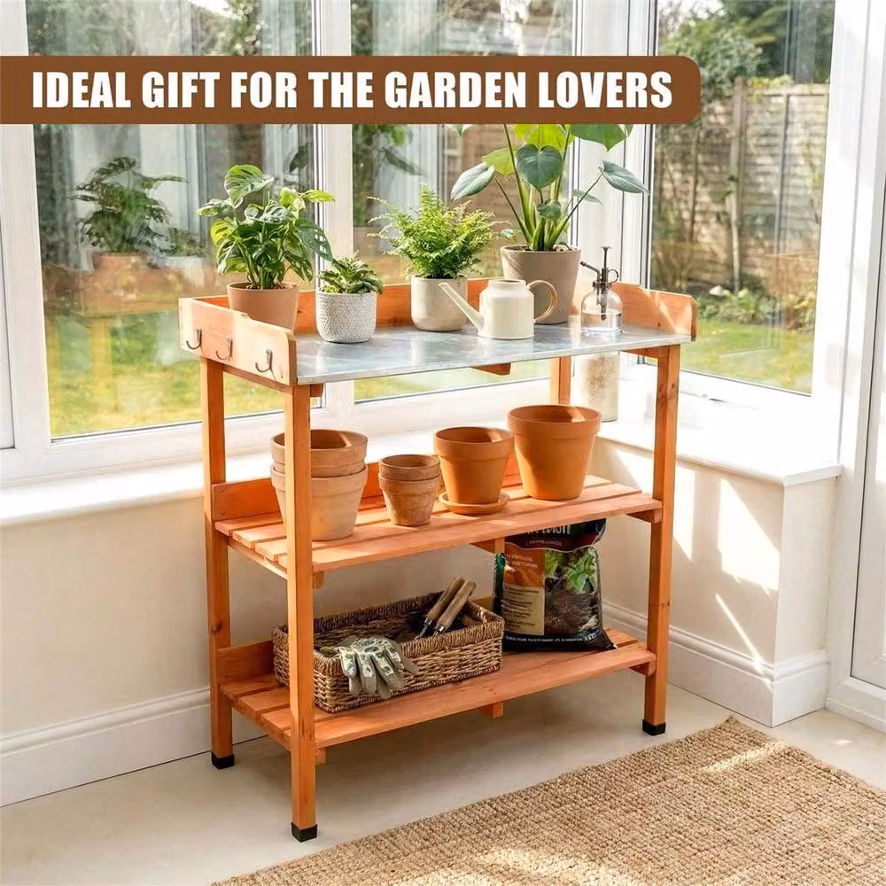 Nordara Brown Wooden Potting Bench with Metal Top and Shelves – 5