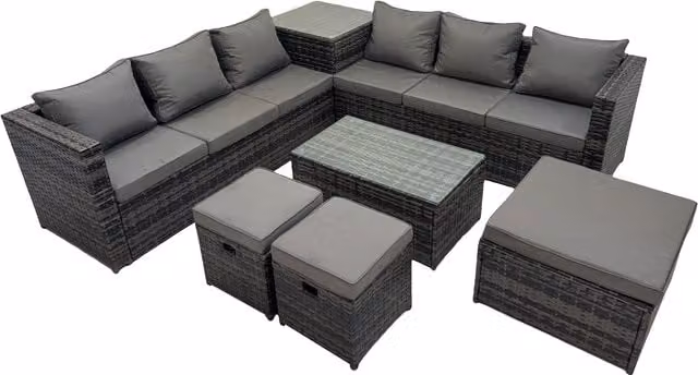 Fimous 9 Seater L-Shape Garden Rattan Furniture Set in Dark Grey with Upholstered Cushions, Ottoman and Coffee Table – 1