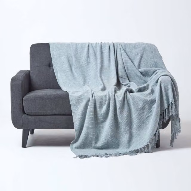 Homescapes Nirvana Grey Slub Cotton Woven Throw with Fringes