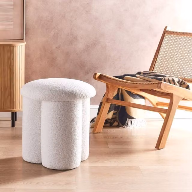 Wyld and Coco White Bouclé Cylindrical Pouffe Footstool, Diameter: 45 cm, Height: 40 cm – 1