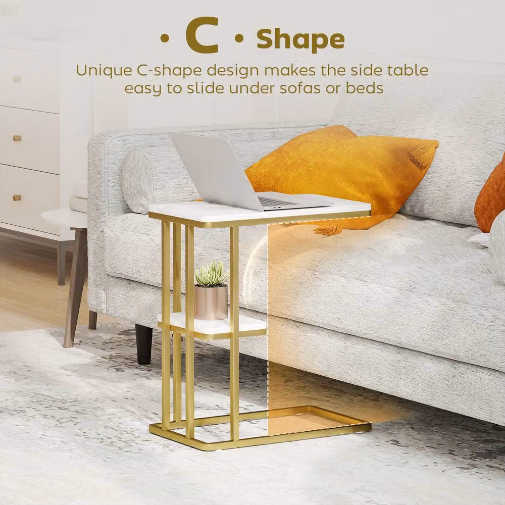 HOMCOM C-Shaped Narrow Side Table with Shelf in White and Gold Marble Grain, W/D/H: 50 x 30 x 57.5 cm – 3