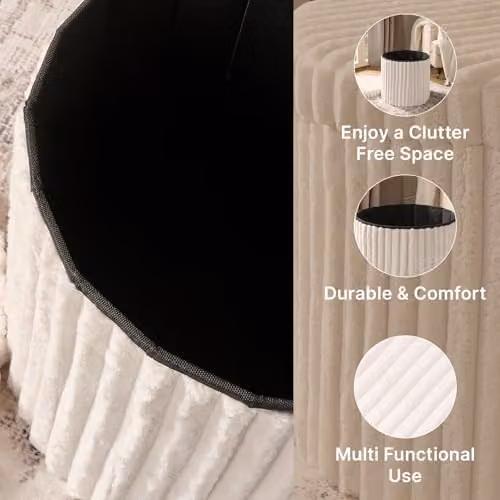 OHS Round Ribbed Storage Ottoman in Cream with Lid and Hidden Storage Space – 3
