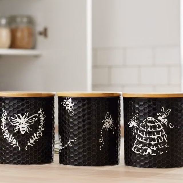 DEENZ Set of 3 Black and Yellow Ceramic Bee Storage Canisters with Airtight Wood Lids, W/D/H: 16 x 12 x 12 cm