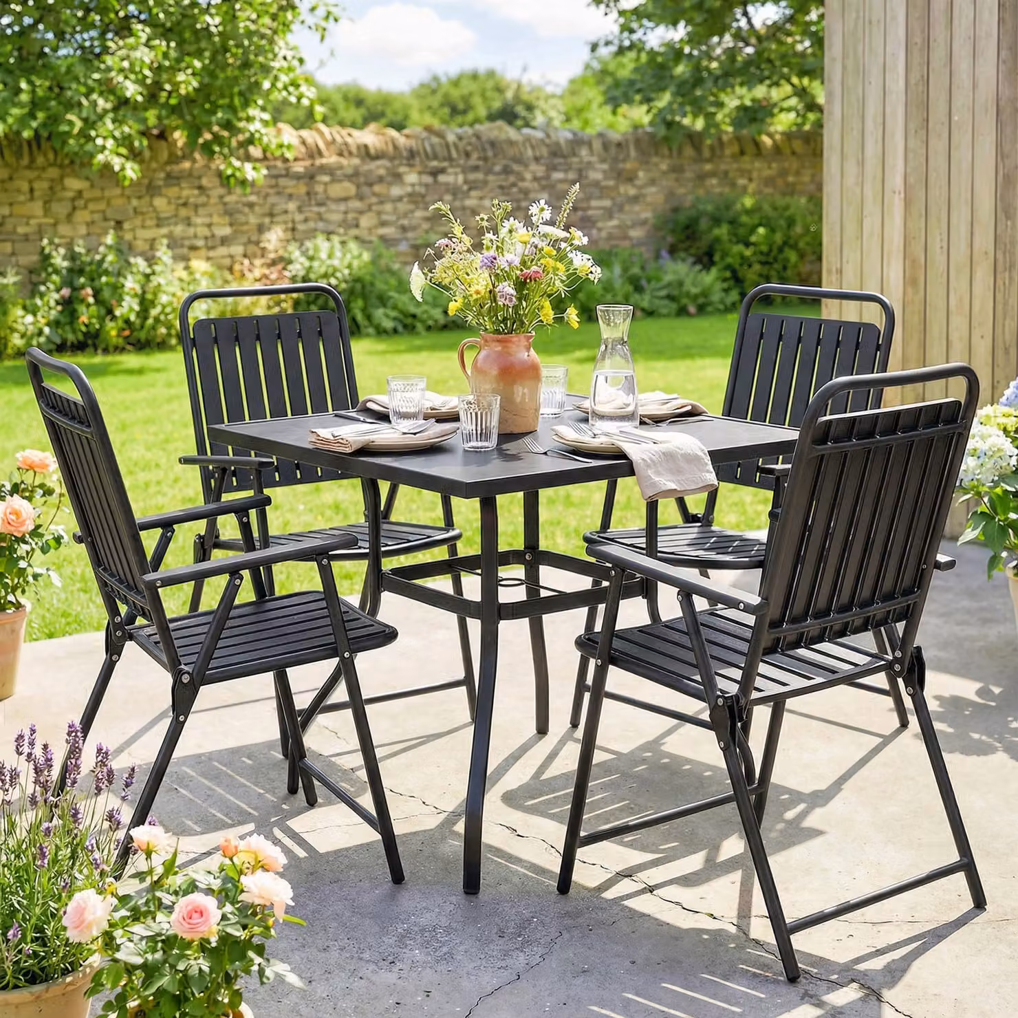 Outsunny Set of 4 Black Folding Garden Dining Chairs with Armrests and Plastic Slatted Seats – 2