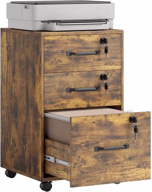 Rolipo 3-Drawer Wood Effect Filing Cabinet in Brown with Castors