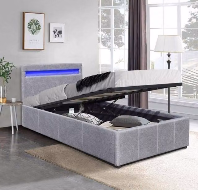 Comfy Living Ltd Modern Fabric Upholstered Gas Lift Ottoman Bed Frame with LED Under-Bed Lighting in Grey, Size: Single (90 x 200 cm) – 1