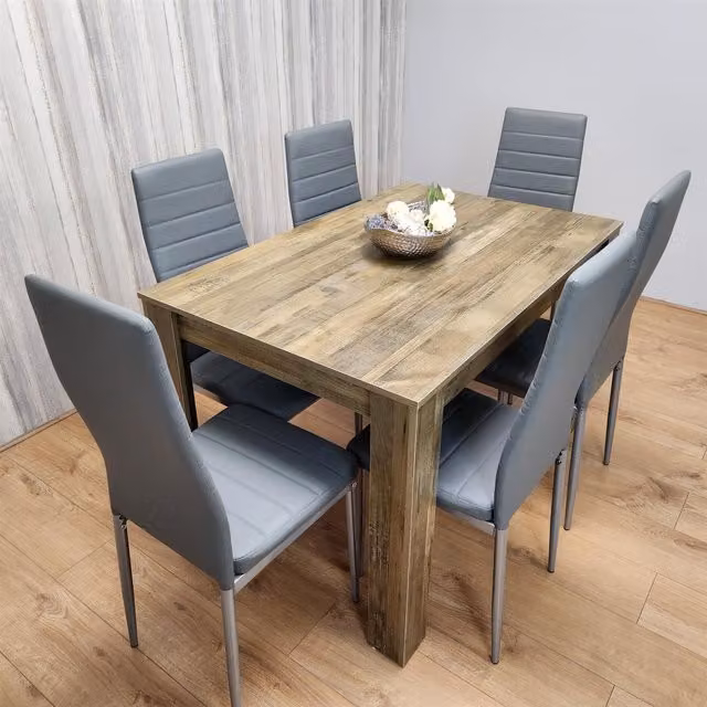 KOSY KOALA Rustic Dining Room Furniture Set with Rectangular Brown Table and 6 Grey Faux Leather Chairs