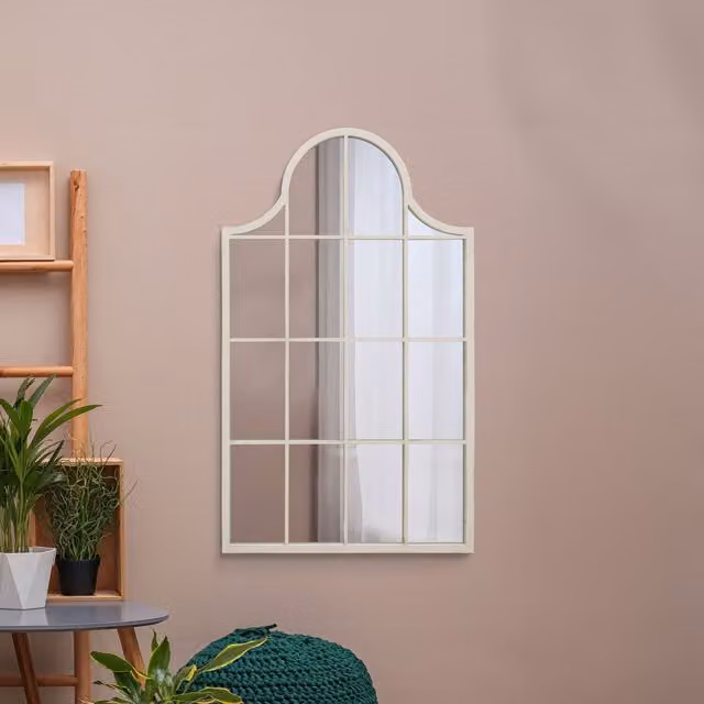 MirrorOutlet Arcus Crown Modern Metal Framed Arched Window Wall Mirror in White